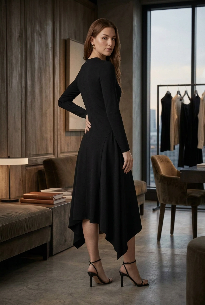 A woman modeling a black long-sleeve high-low midi dress in a modern loft setting with wood-paneled walls and a clothing rack in the background.