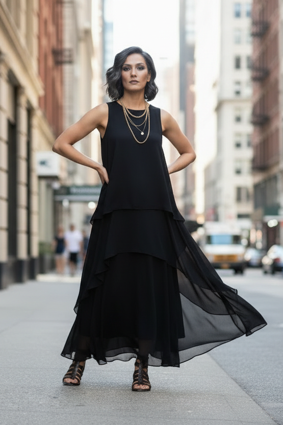A woman walks down a city street wearing a sleeveless black layered maxi dress with a flowing asymmetrical hem and black strappy sandals.