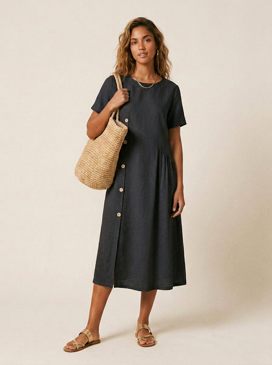 Asymmetric Button Midi Dress with Gathered Skirt and Short Sleeves in Black