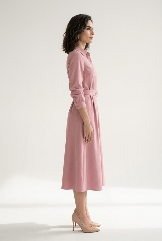 A woman modeling a dusty pink long-sleeve midi shirt dress with a matching belt and silver buckle, styled with beige heels against a plain white studio background.