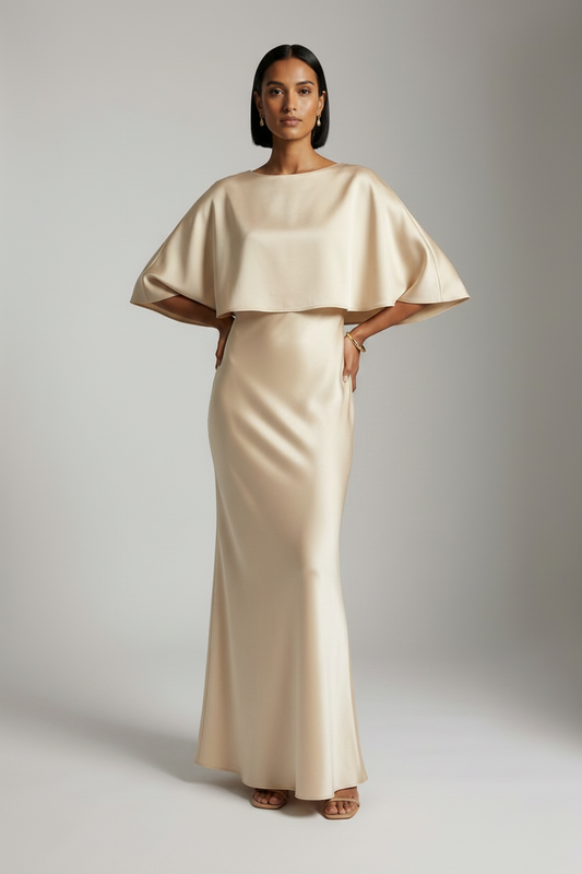 A woman modeling a floor-length champagne satin gown with a draped cape-style bodice and flared skirt, photographed against a neutral light gray studio background.