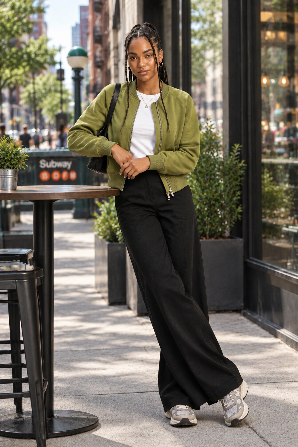 A woman stands on a city sidewalk wearing an olive green bomber jacket, black wide-leg pants, a white top, and silver sneakers, with a black shoulder bag and a Subway sign visible in the background.