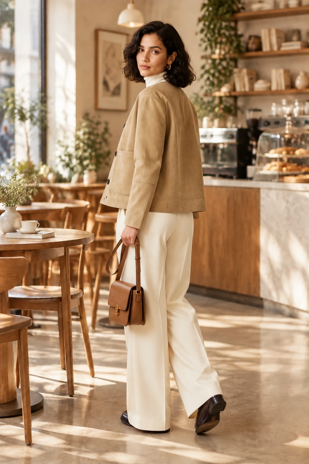 A woman stands in a sunlit cafe wearing a tan cropped jacket, cream wide-leg trousers, and dark brown shoes, while carrying a brown leather handbag.