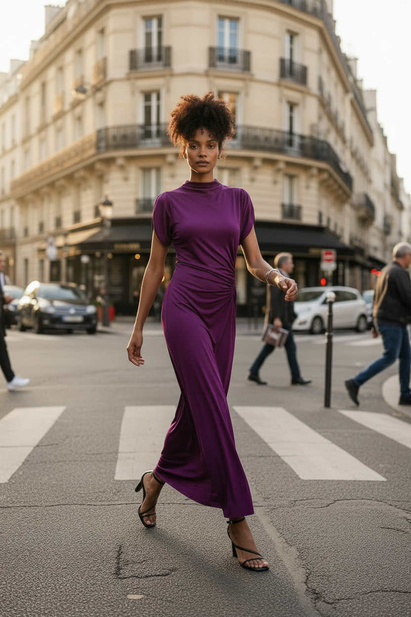 A woman stands on a cobblestone street in front of a Parisian-style building, wearing a sleeveless, high-neck, floor-length purple dress with a gathered twist detail at the waist. Black patio chairs and tables are visible in the background.