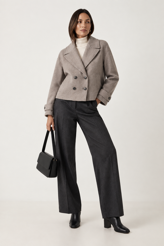 A model stands against a plain light background wearing a light taupe double-breasted cropped coat over a white turtleneck, dark charcoal wide-leg trousers, black ankle boots, and holding a black handbag.