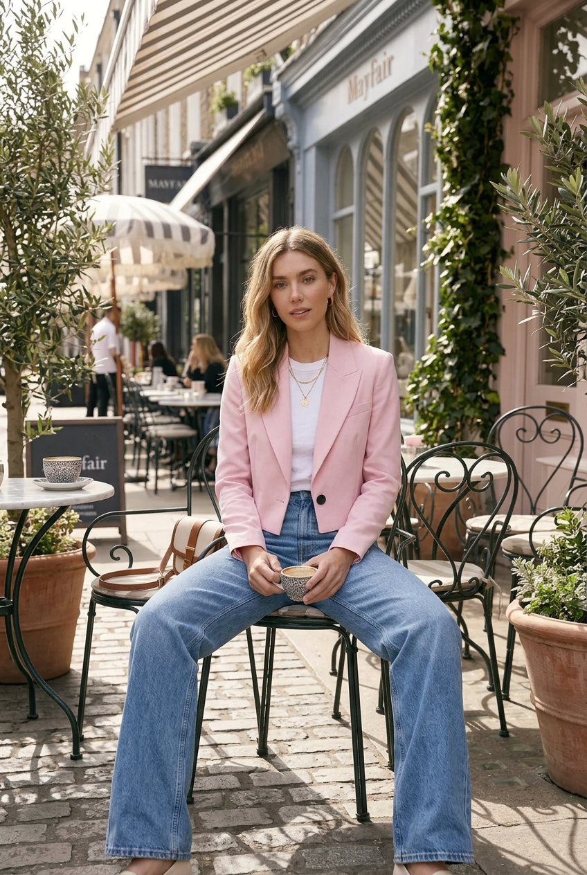 A woman stands on a city sidewalk at a cafe wearing a light pink cropped blazer over a white top and high-waisted light blue jeans. She is holding a cup and saucer, with cafe chairs, tables, greenery, and storefronts in the background.