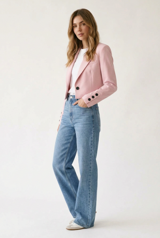 A woman modeling a light pink cropped blazer with black buttons, worn over a white t-shirt and blue jeans, against a plain off-white studio background.