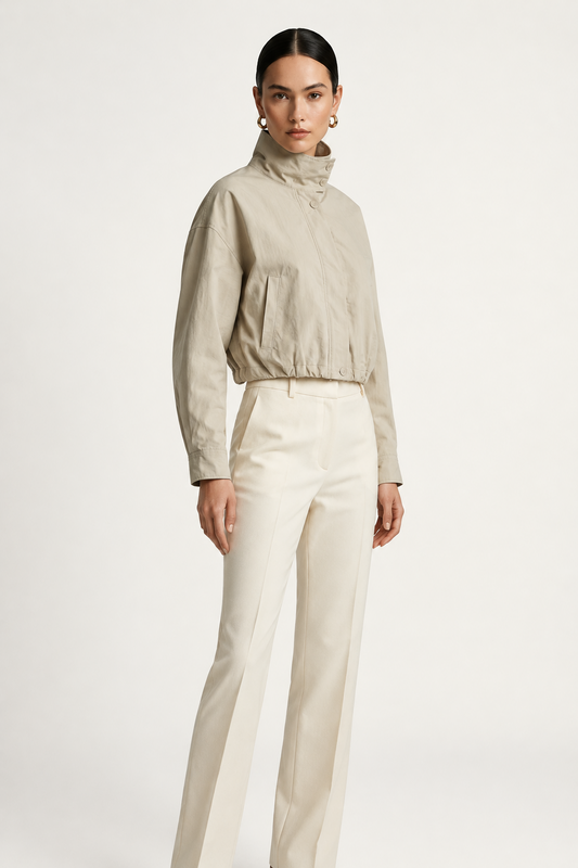 A model wearing a light beige cropped jacket with a high mock neck and drawstring details, paired with cream-colored trousers, against a plain off-white studio background.