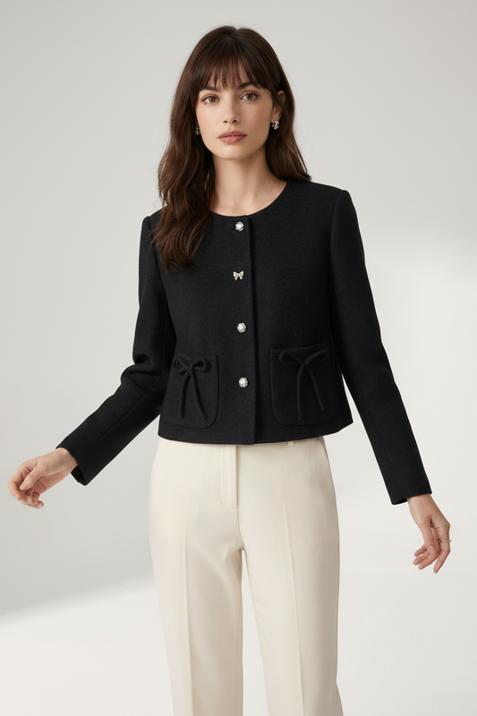 A woman modeling a black cropped tweed jacket with decorative silver buttons and drawstring details on the front pockets, paired with cream-colored trousers, against a neutral studio background.