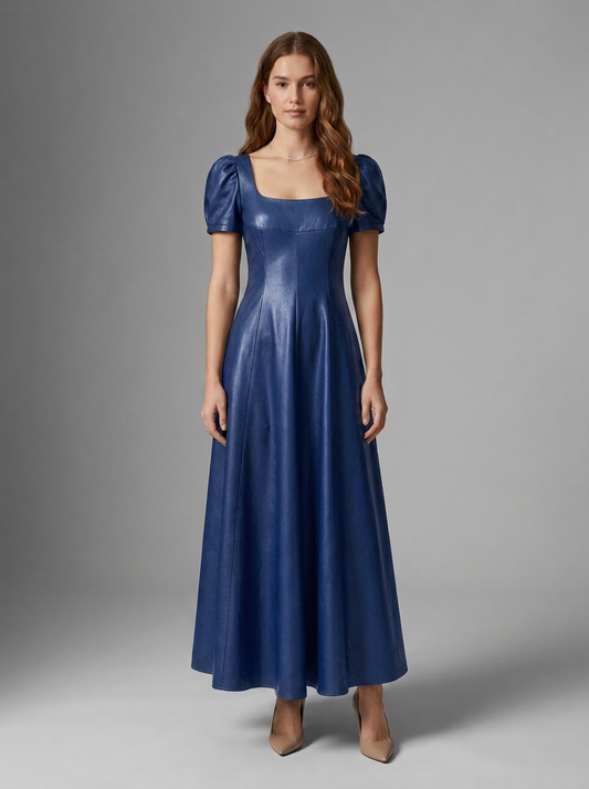 Satin Puff Sleeve Square Neck A-Line Maxi Dress in Blue