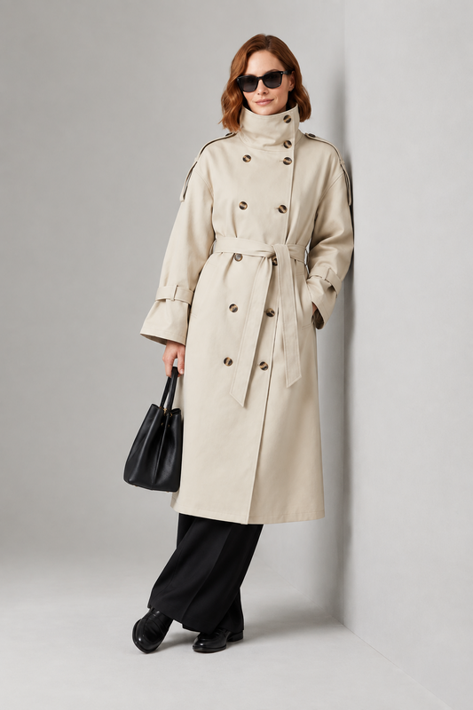 A woman modeling a long beige trench coat with a high collar, double-breasted buttons, and a matching waist tie, styled with black wide-leg trousers, black shoes, sunglasses, and a black handbag against a light gray studio background.