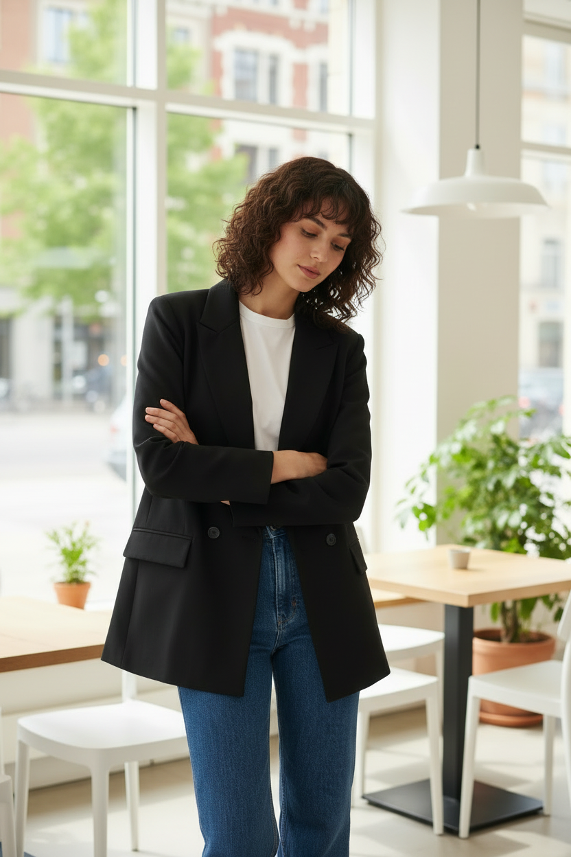 A woman stands in a bright cafe or office interior wearing a black blazer over a white top and blue jeans, with large windows and tables visible in the background.