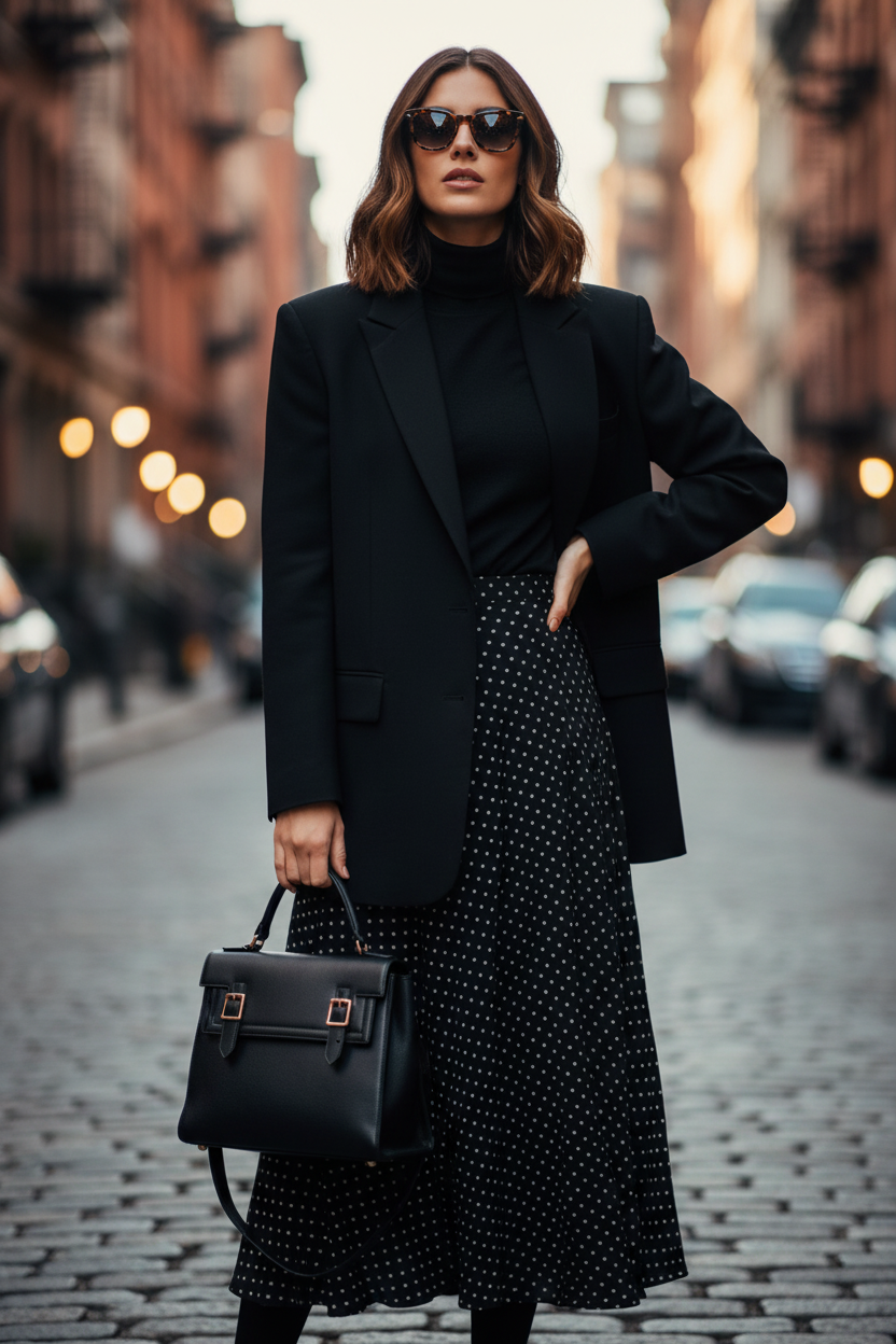 A woman stands on a cobblestone city street wearing a black blazer, black turtleneck, black polka-dot skirt, and dark sunglasses, while holding a structured black leather satchel bag.