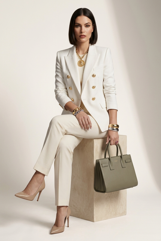 A model stands against a warm beige studio backdrop wearing a tailored cream double-breasted blazer with gold buttons, matching cream trousers, a cream top, and nude heels, while carrying a structured taupe handbag.
