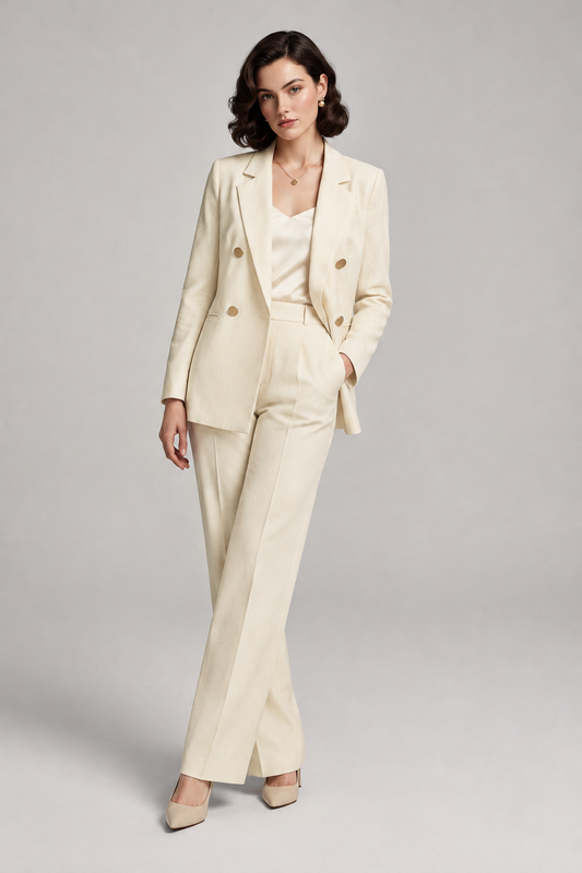 A woman models a cream-colored double-breasted blazer and matching trousers set, styled with a matching top and beige pointed-toe heels against a neutral studio background.