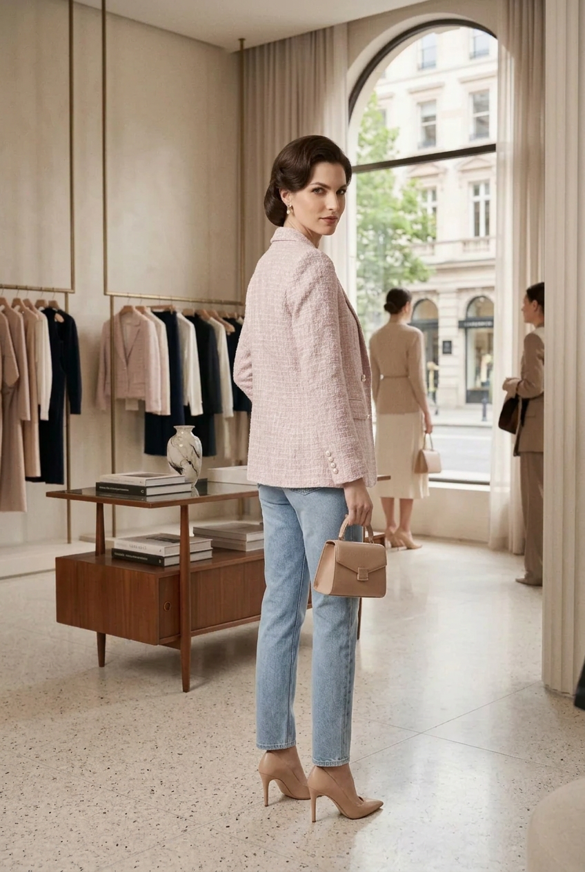 A woman stands in a boutique wearing a light pink textured blazer, a white top, light blue jeans, and beige heels, holding a small beige handbag. Clothing racks and a window are visible in the softly lit interior.