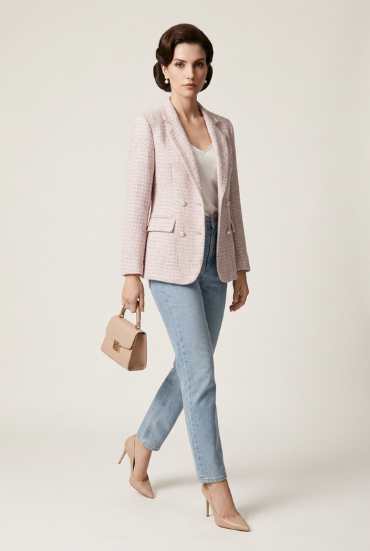 A woman stands against a plain light beige studio background wearing a light pink textured blazer over a white top, light blue jeans, nude heels, and holding a small beige handbag.