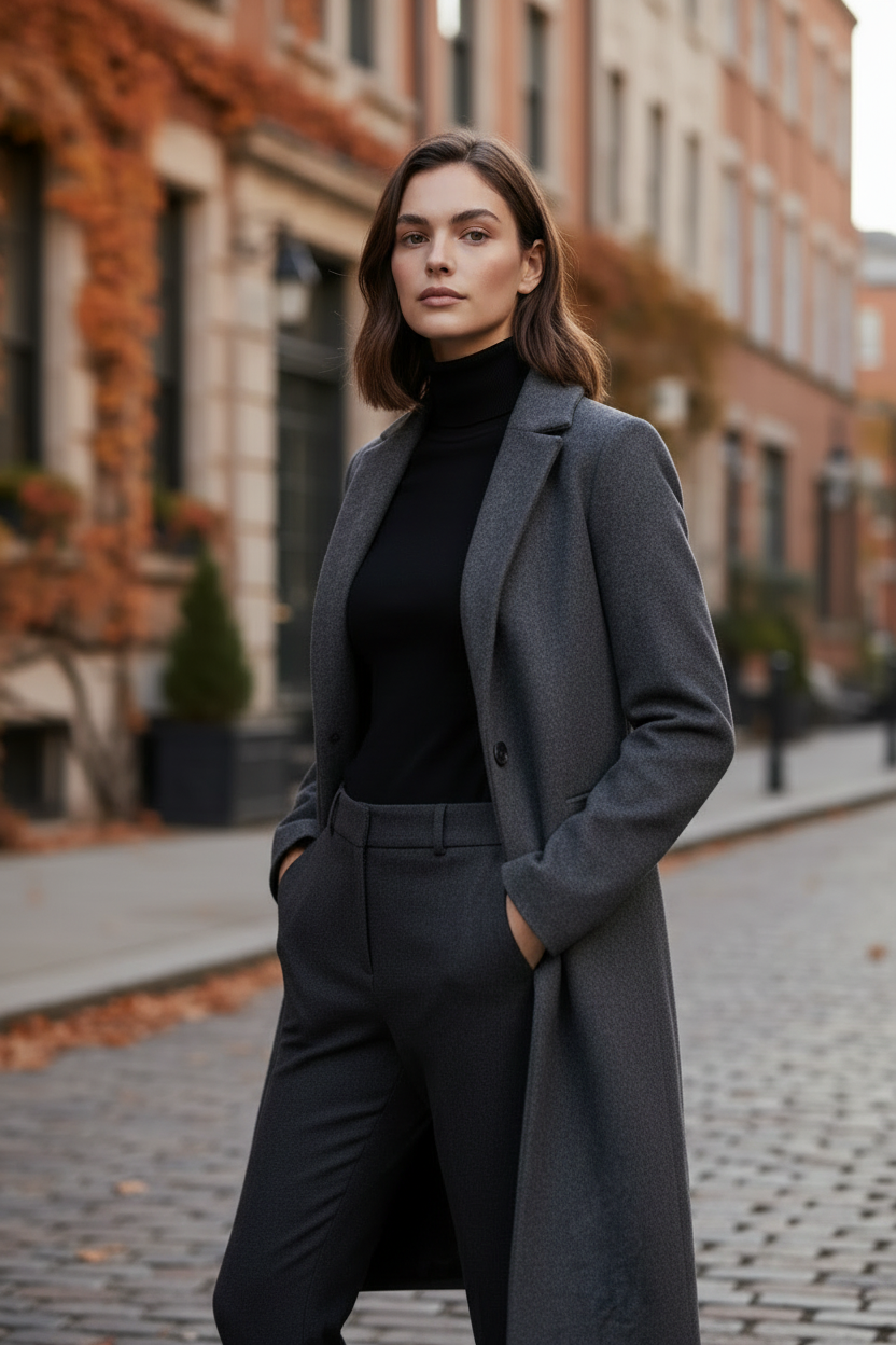A woman stands on a cobblestone street wearing a long charcoal gray coat over a black turtleneck and matching dark gray tailored trousers, with blurred buildings and autumn foliage in the background.