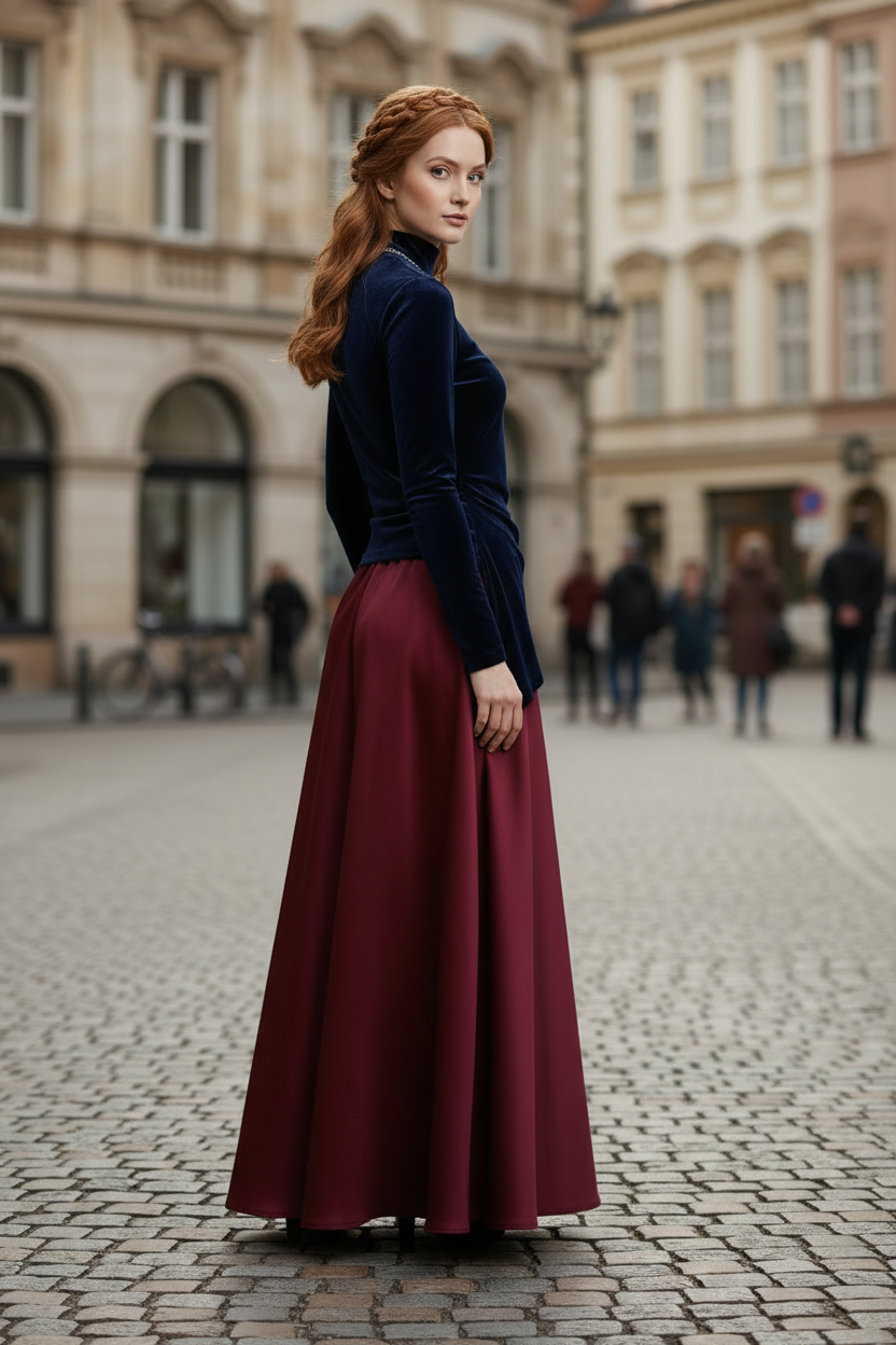 A woman stands on a cobblestone street wearing a long-sleeve navy velvet top and a long burgundy satin skirt, with a matching braided headpiece. The background shows blurred historic buildings and a few distant pedestrians.