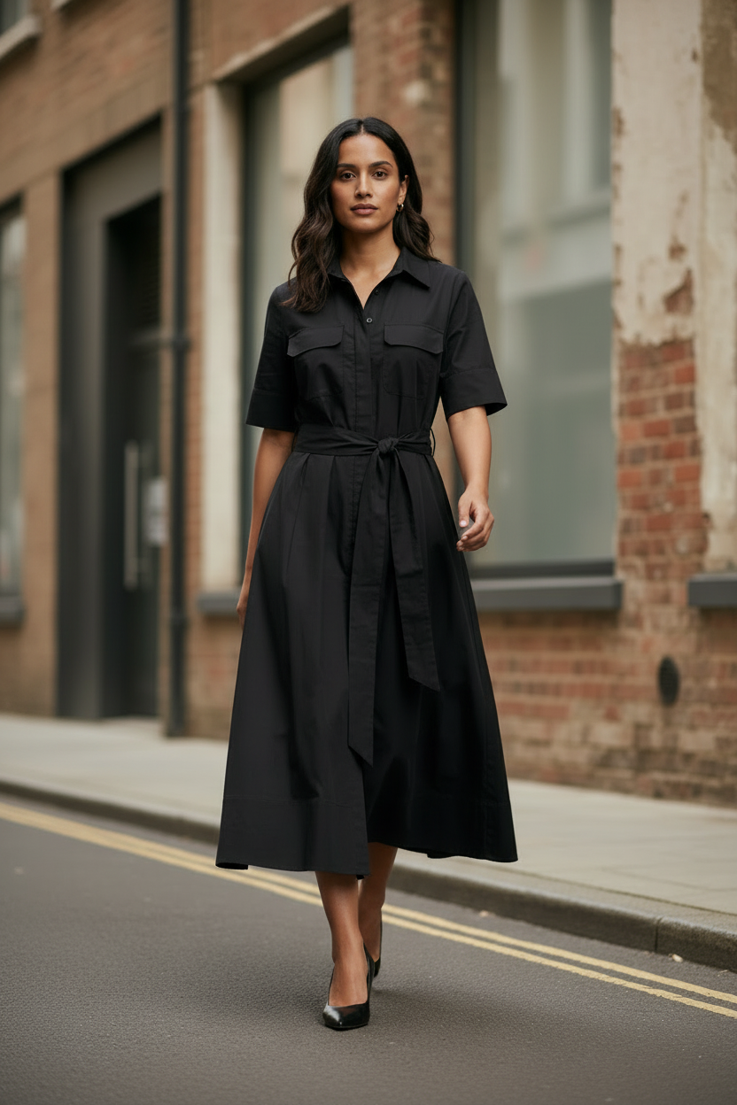 A woman stands on a city street wearing a black midi shirt dress with short sleeves, a collar, chest flap pockets, and a self-tie waist belt. She is also wearing black pointed-toe heels.
