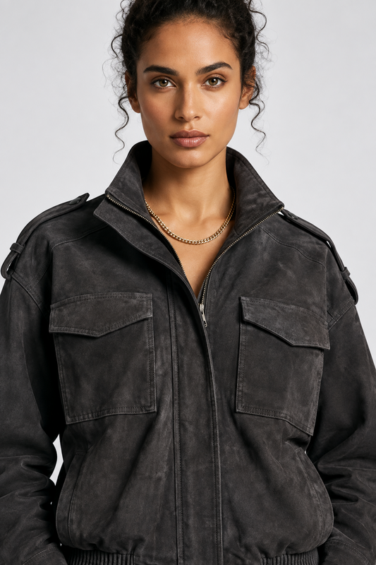 A woman wearing a dark charcoal gray distressed zip-up jacket with flap chest pockets, photographed against a light gray studio background.