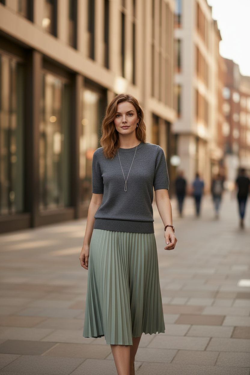A woman stands on a city street wearing a short-sleeve gray knit top and a pleated sage green midi skirt. The background shows a softly blurred urban street scene with buildings and pavement.