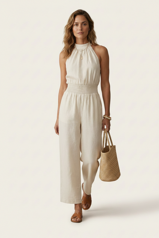 A woman models a sleeveless cream-colored linen jumpsuit with a smocked waist, paired with brown leather sandals and carrying a woven straw tote bag against a solid off-white studio background.