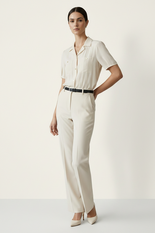 A woman modeling a short-sleeve cream-colored button-up shirt with structured shoulders and chest pockets, paired with matching cream trousers and a black belt, against a plain light beige studio background.