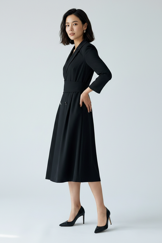 A woman modeling a black long-sleeve midi dress with a structured collar, matching waist belt, and pleated skirt, paired with black pointed-toe heels against a light gray studio background.