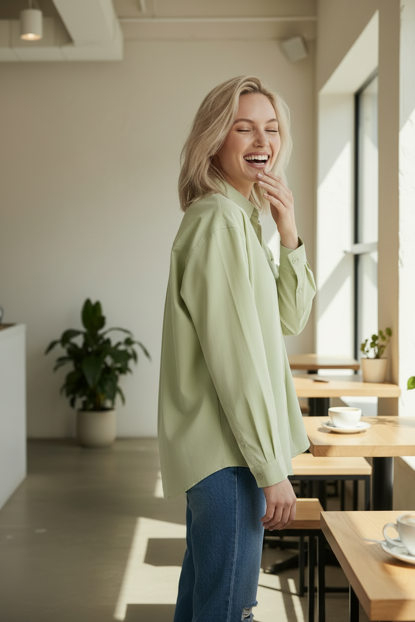 A woman laughing in a bright cafe setting, wearing a light sage green button-up shirt and blue jeans.