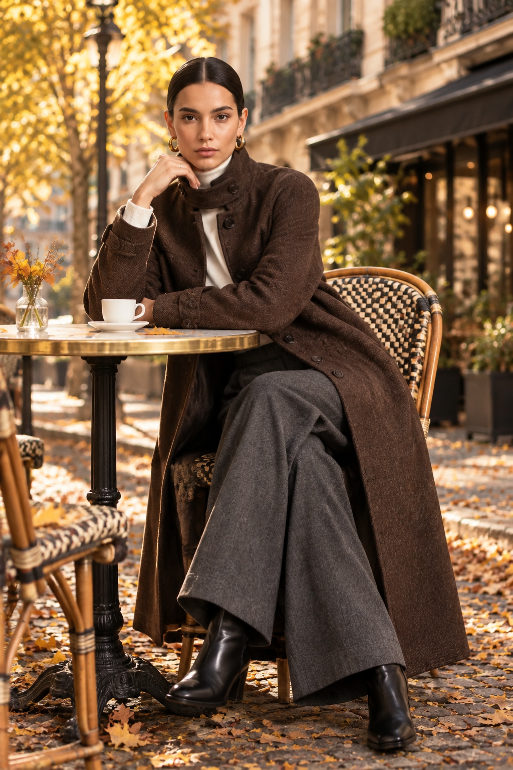 A woman sits at an outdoor cafe table on a leaf-strewn street, wearing a long brown coat over a white top and dark wide-leg trousers, with black ankle boots.