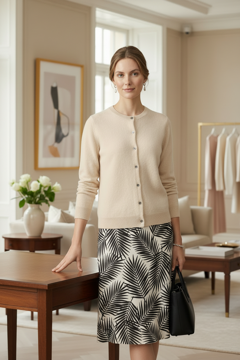 A woman stands in a softly lit living room wearing a cream cardigan and a black-and-white palm leaf print skirt, holding a black handbag.