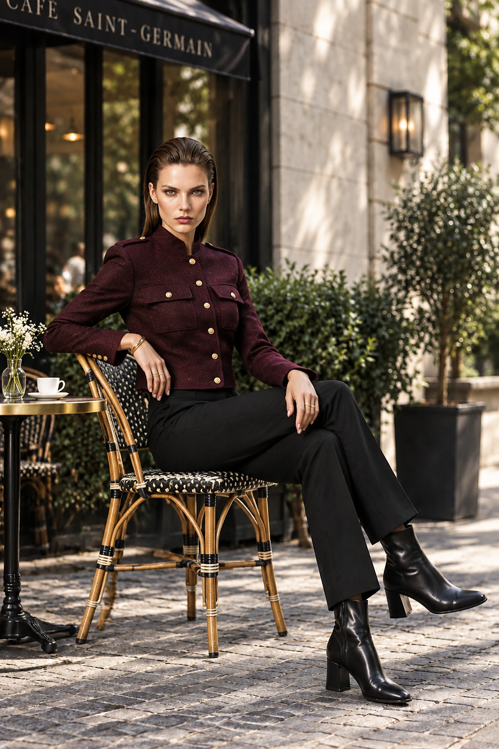 A woman sits on a bistro chair outdoors in front of a cafe storefront, wearing a dark burgundy cropped jacket with gold buttons, black trousers, and black ankle boots.