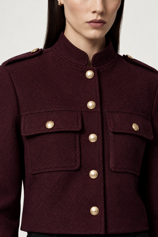 A close-up of a model wearing a cropped, structured jacket in deep burgundy with a subtle herringbone texture and prominent gold-tone buttons and shoulder epaulets.