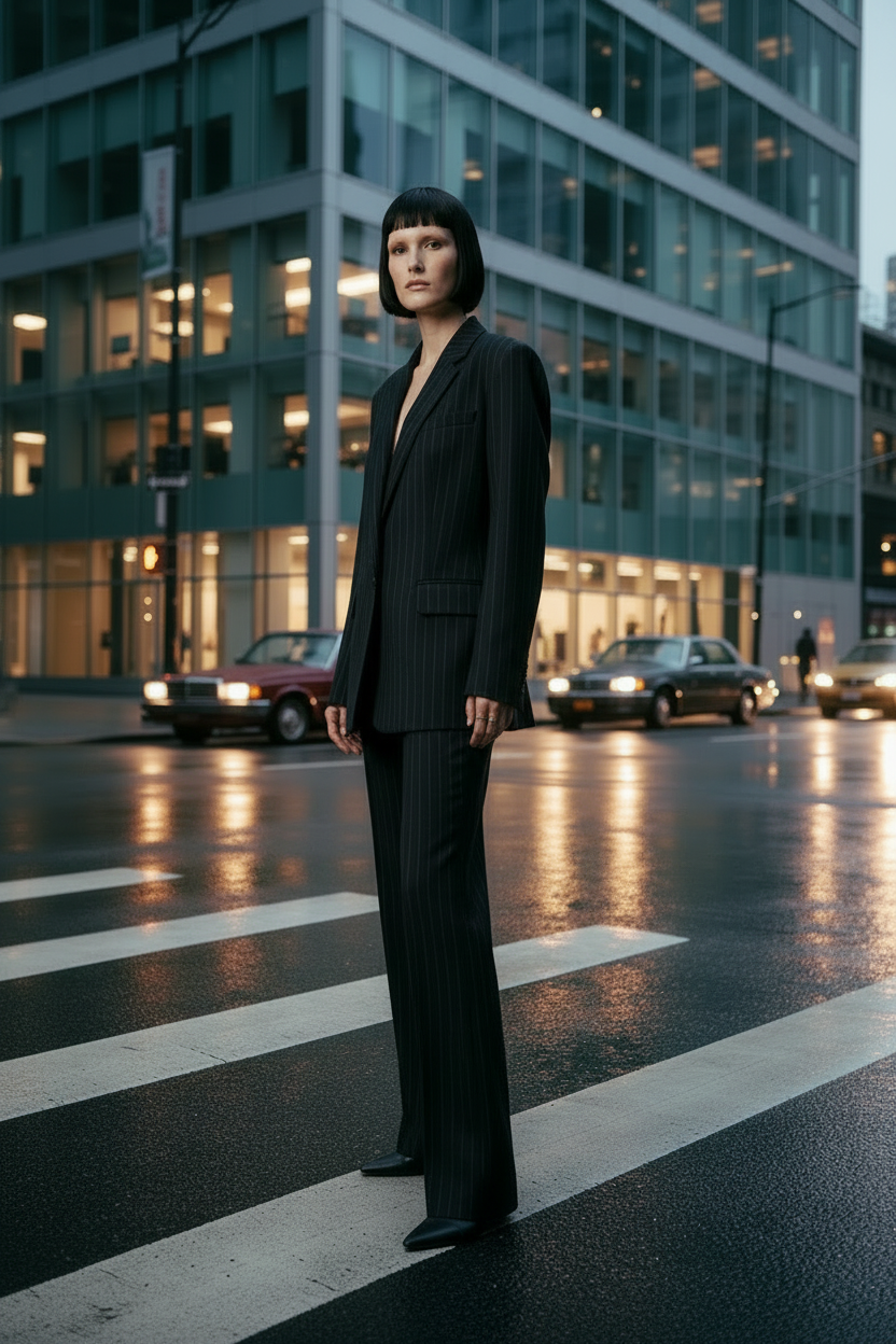 A person with a short dark bob stands on a city crosswalk at dusk, wearing a black pinstripe blazer and matching wide-leg trousers. Modern glass office buildings and wet street reflections are visible in the background, along with cars and streetlights.