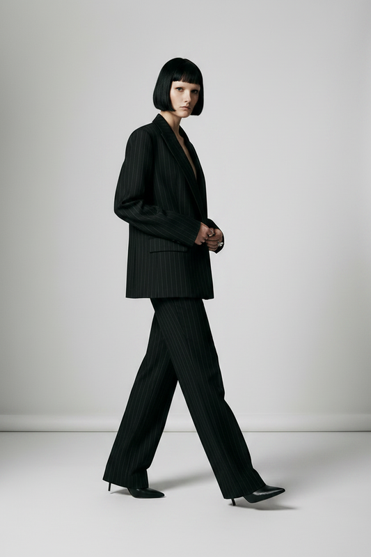 A model with a short black bob haircut stands in a studio wearing a black pinstripe blazer and matching wide-leg trousers against a light gray background.