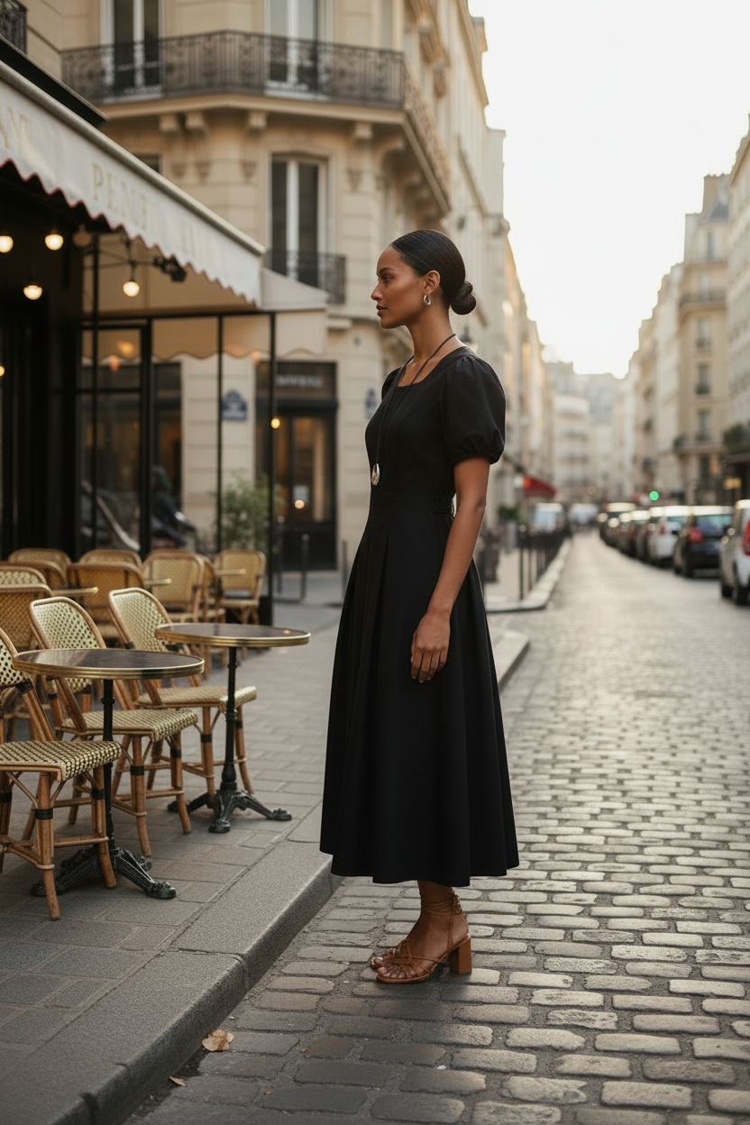 A woman stands on a cobblestone street wearing a black midi dress with puff sleeves, a square neckline, and a flared skirt. The background shows Parisian-style buildings and outdoor cafe seating.