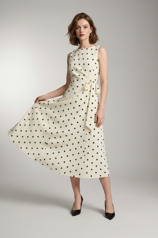 A woman models a sleeveless cream midi dress with black polka dots and a matching fabric tie belt at the waist. She is holding a cream handbag and wearing black pointed-toe heels, set against a neutral gray studio background.