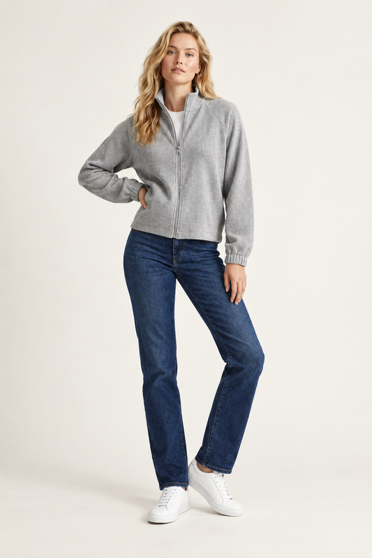 Ribbed Chenille Zip-Up Jacket with Raglan Sleeves, styled pose