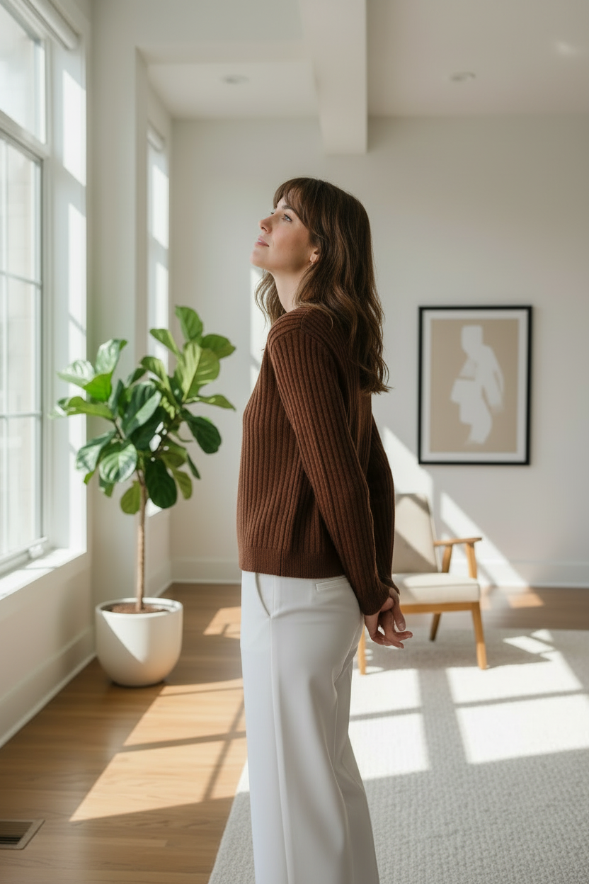 A woman stands in a bright, modern room wearing a brown ribbed knit sweater and white pants, looking back over her shoulder. The room has warm sunlight, a potted plant, and a framed art print on the wall.