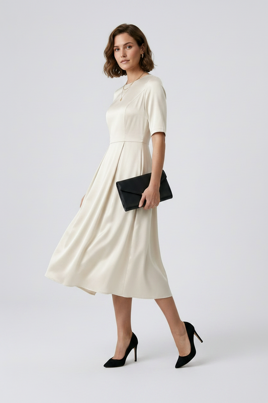 A woman models a short-sleeved, knee-length cream satin dress with a defined waist, holding a black clutch and wearing black heels against a light gray studio background.