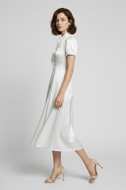 A woman modeling a white midi dress with short puff sleeves, a high structured collar, and a flared skirt against a light gray studio background.