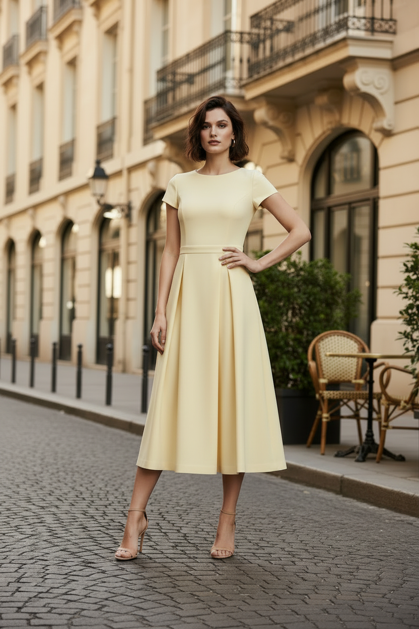 A woman stands on a cobblestone street wearing a pale yellow sleeveless midi dress with cap sleeves and a fitted waist, paired with nude high-heeled sandals. The background shows a classic beige building with balconies, windows, and outdoor cafe seating.