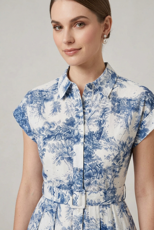 A woman models a short-sleeved midi dress with a blue and white toile pattern, featuring a pointed collar, button-up front, and a matching fabric belt. She is holding a small woven tan handbag and wearing navy blue heels, set against a plain light gray studio background.