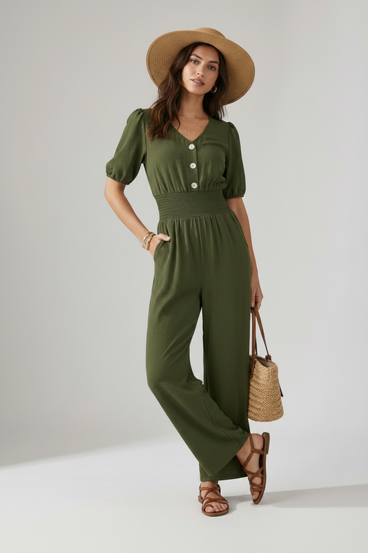 A woman models an olive green short-sleeve jumpsuit with puff sleeves, a buttoned V-neck, and wide legs. She is wearing a wide-brimmed tan hat, brown strappy sandals, and holding a woven straw handbag against a neutral studio background.