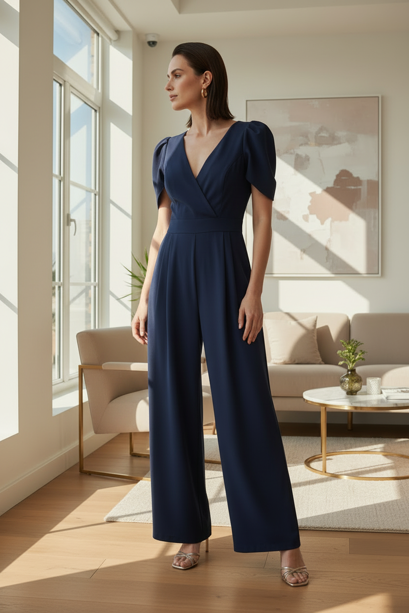 A woman stands in a bright, modern living room wearing a navy blue jumpsuit with short puff sleeves, a wrap-style V-neck bodice, and wide legs. The room has beige walls, a sofa, a small table, and large windows with natural sunlight.