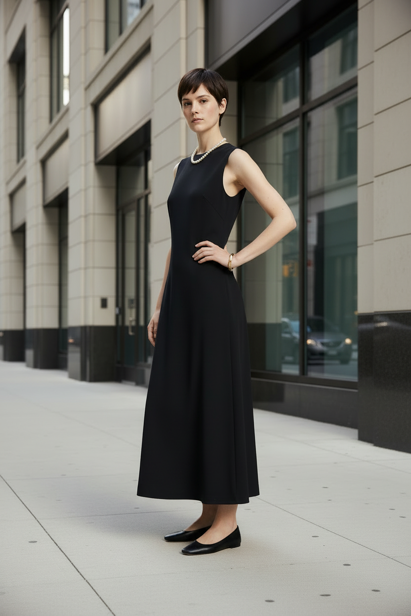 A woman stands on a city sidewalk wearing a sleeveless black midi dress, black flats, and a pearl necklace. The background shows a modern building facade with large glass windows.