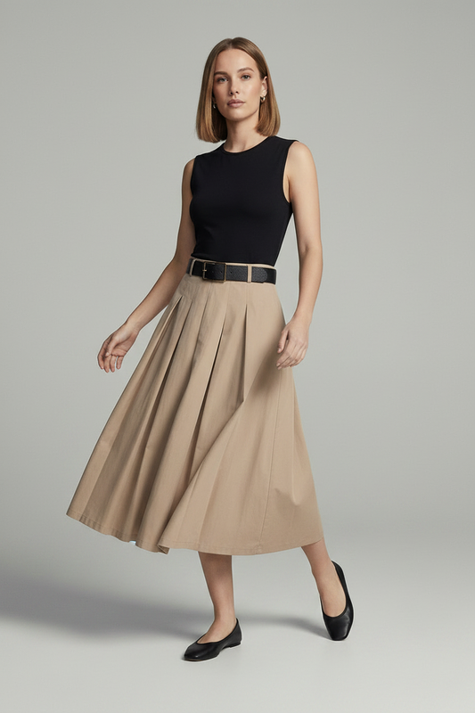A woman stands against a light gray studio background wearing a sleeveless black top, a beige pleated midi skirt with a black belt, and black flats.