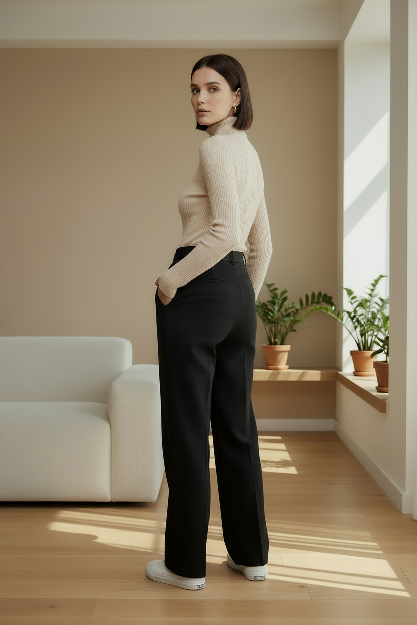 A woman stands in a bright, modern room wearing a beige ribbed turtleneck sweater, black high-waisted trousers, and white sneakers.