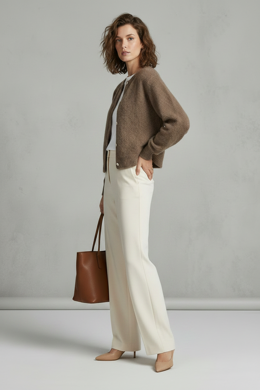 A woman stands barefoot against a light gray textured studio wall, wearing a brown fuzzy button-front cardigan over a white top and off-white wide-leg trousers, while holding a brown leather tote bag.